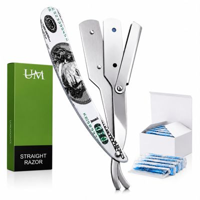 UM Supplies Straight Edge Razor Professional Barber Shaving Razor Kit With 10 Replaceable single Edge Blades (Dollar Printed Handle)