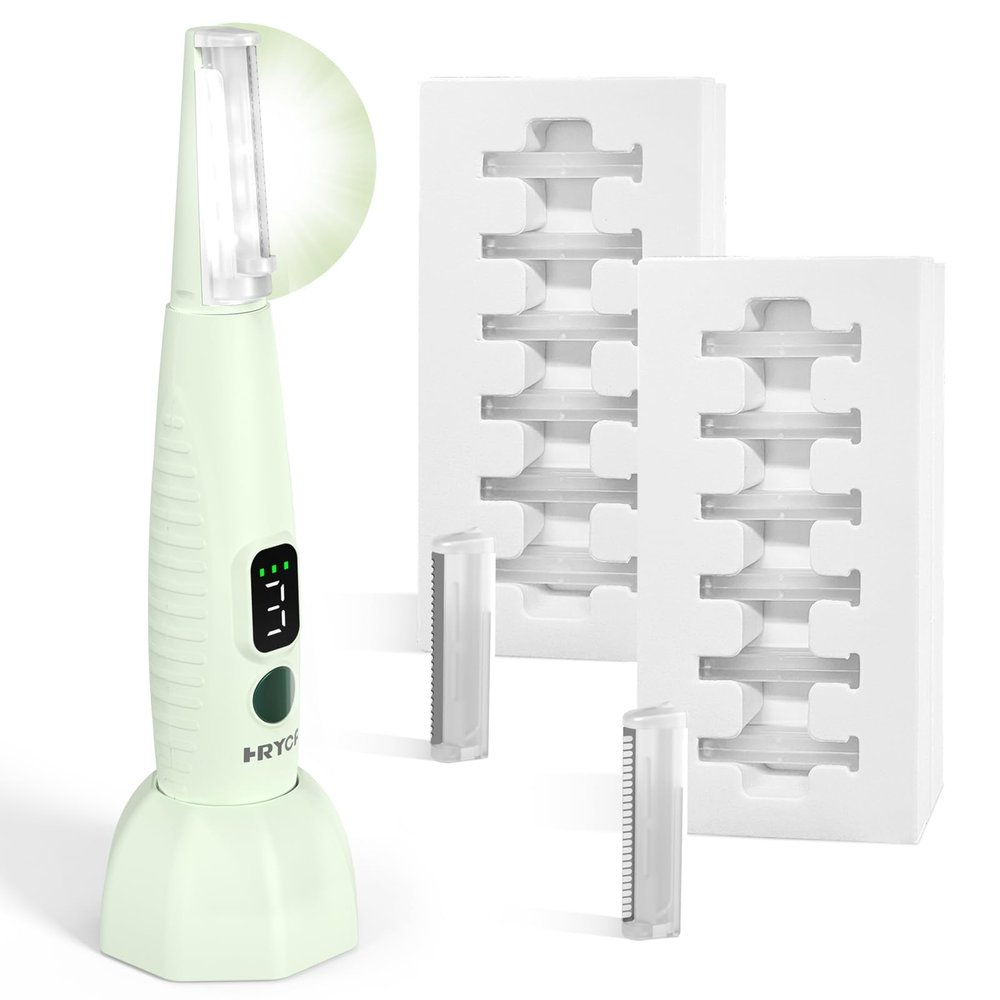 MSDWLGS Dermaplane Razor for Women Face Sonic,Rechargeable Dermaplaning Tool for Facial Exfoliation and Peach Fuzz Hair Removal, with LED Light and 12 Refill Blades, 3 Speeds(Green)