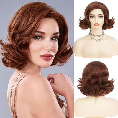 Salaibs Retro Brown Curly Wig 1950s Short Curly Synthetic Wig Vintage Side Part Costume Wig for Women Heat Resistant for Halloween Party Cosplay Use