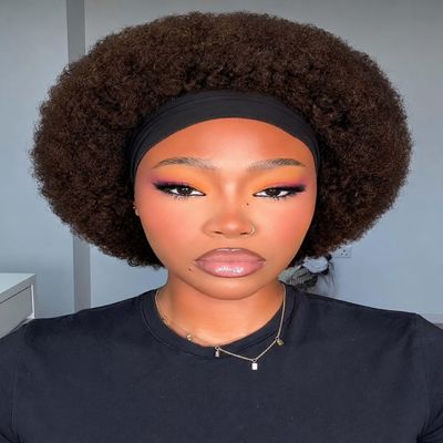 Afro Headband Wigs Short Afro Kinky Curly Wig Wear and Go Glueless Synthetic Wig Fluffy Bouncy Afro Headband Wigs for Black Women Daily Party (Dark Brown)