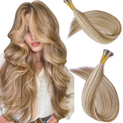 100% Remy Hair I Tip Hair Extensions Human Hair 16Inch Itip Human Hair Extensions #60/7 Brown Balayage Light Brown with Blonde 30g/pack