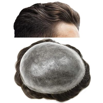 LYRICAL HAIR Toupee for Men Human Hair Replacement System Injected Poly Skin Male Prothesis Durable PU Mens Hairpiece Wig 5"X7" #310 Dark Brown+10% Gray 120% Medium Light to Medium Density