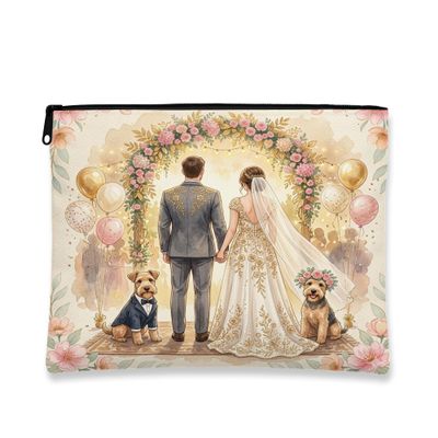 Wedding Lakeland Terrier Dog Makeup Bag, Luxury Floral Marriage Cosmetic Travel Pouch for Women, Portable Small Canvas Zipper Organizer, Pet Toiletry Bag 7x9 Inch