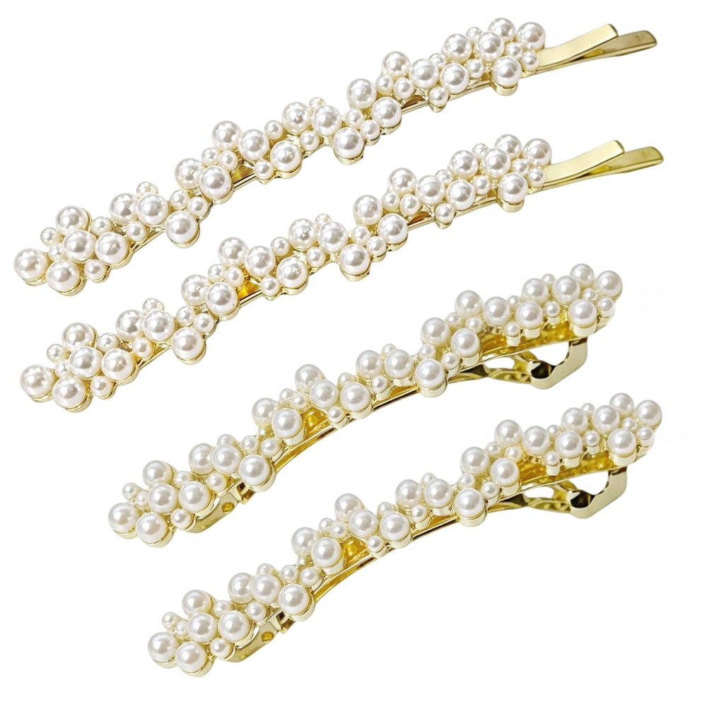QXUJI 4PCS Gold Pearl Hair Clips, Wedding Bridal Hair Barrette
