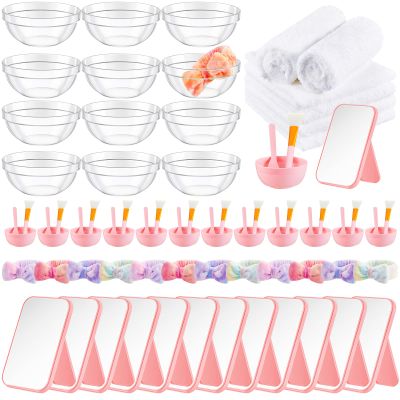 Teenyyou 12 Set Tie Dye Pink Spa Party Supplies for Girls Women Include Facial Mask Bowl with Stick Spatula Silicone Brush Mirror Headband Towel for DIY Spa Sleepover Slumber Wedding Party Favor