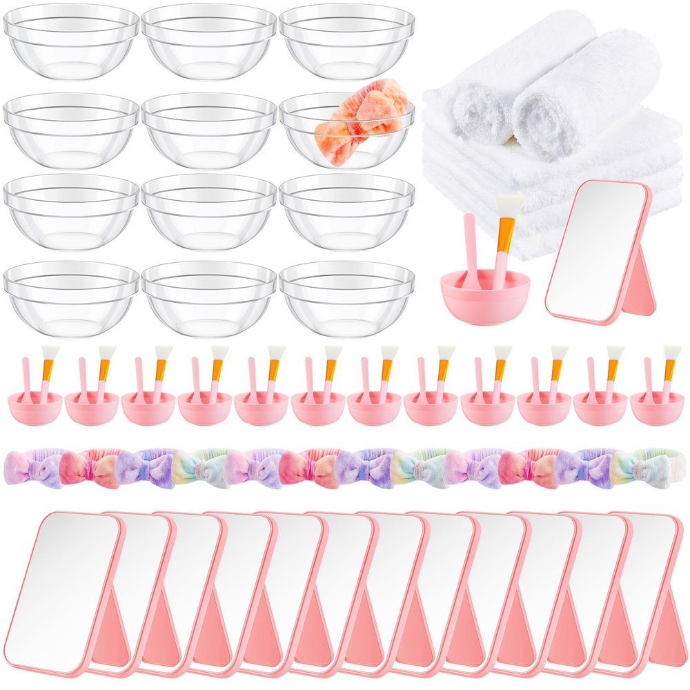 Teenyyou 12 Set Tie Dye Pink Spa Party Supplies for Girls Women Include Facial Mask Bowl with Stick Spatula Silicone Brush Mirror Headband Towel for DIY Spa Sleepover Slumber Wedding Party Favor