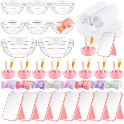 Teenyyou 8 Set Spa Tie Dye Pink and Purple Supplies for Girls Women Include Facial Mask Bowl with Stick Spatula Silicone Brush Mirror Headband Towel for DIY Sleepover Slumber Wedding Party Favor