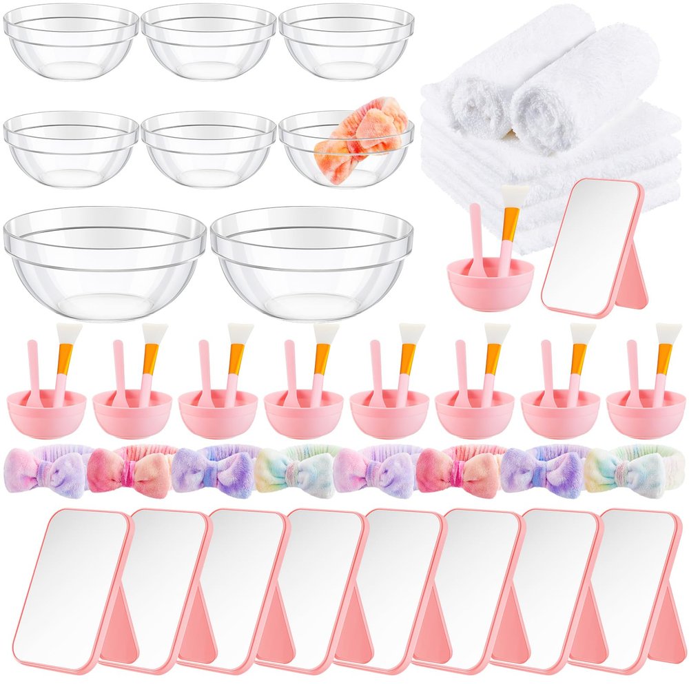 Teenyyou 8 Set Spa Tie Dye Pink and Purple Supplies for Girls Women Include Facial Mask Bowl with Stick Spatula Silicone Brush Mirror Headband Towel for DIY Sleepover Slumber Wedding Party Favor