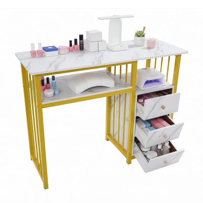 Nail Desk, Manicure Table with Three Drawers Spacious Desktop Open Shelf Strong Load-Bearing Capacity & Smooth Edge Marbling Texture Manicure Desk for Living Rooms Offices Nail Salons Beauty Salons