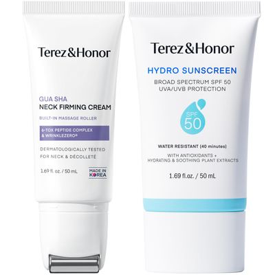 TEREZ & HONOR Gua Sha Neck Firming Cream & Sunscreen Duo: Korean Skin Care, Retinol, Collagen & Peptides - Tightening & Lifting for Neck, Face & Dcollet + Broad Spectrum SPF 50 Face Sunscreen