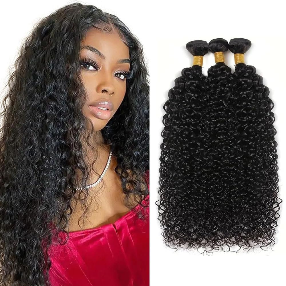 MLMYBAYEA 1B Curly Bundles Human Hair Natural Black Kinky Curly Human Hair Bundles Unprocessed Color 1B Virgin Remy Hair Extensions Total 300 Grams for Women 14 16 18 Inch