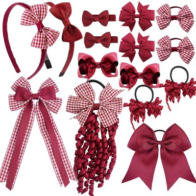 15Pcs Back to School Uniform Hair Bows Set- Grosgrain Hair Clips Bow Headband Ribbon Alligator Ponytail Holder for Toddlers Teen Girls Uniform Party (Maroon White)