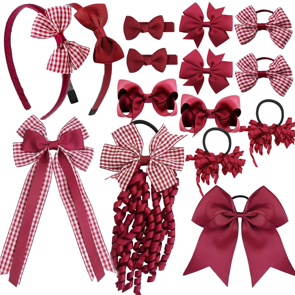 15Pcs Back to School Uniform Hair Bows Set- Grosgrain Hair Clips Bow Headband Ribbon Alligator Ponytail Holder for Toddlers Teen Girls Uniform Party (Maroon White)