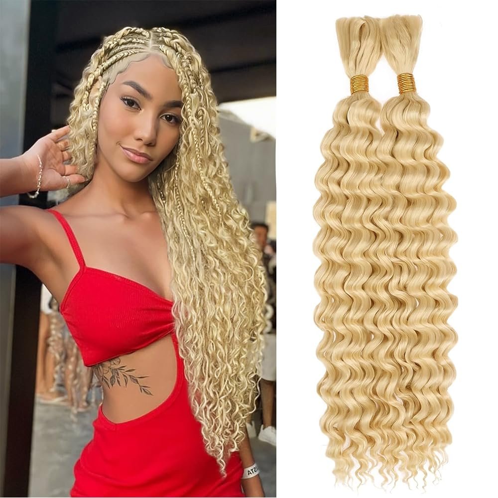 Blonde Human Braiding Hair for Boho Braids Bundles 28 Inch 100g 12A 613 Blonde Deep Wave Braiding Hair for Braids Brazilian Bulk Human Hair Extensions
