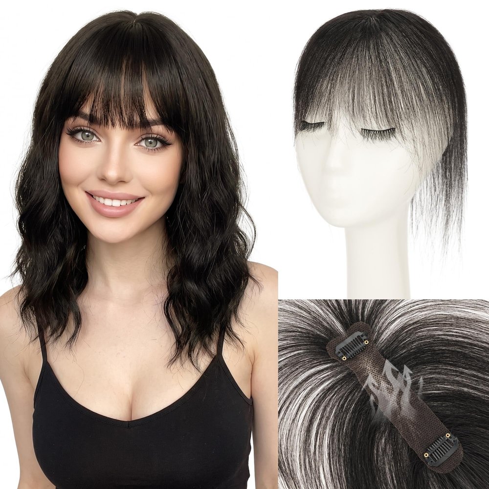 SEGO Hair Toppers for Women Real Human Hair for Widened Part With Wispy Bangs, 3 * 13 cm Hand-tied No-Edge Invisible Ultra Thin Human Hair Topper for Thinning Hair -10 Inch #01B Natural Black