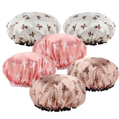 6PCS Shower Cap,Double Waterproof Shower Caps,Reusable Hair Cap for Shower,Bath Bonnet for Women Men,Long & Short Hair(Rose Gold,Pink,White)