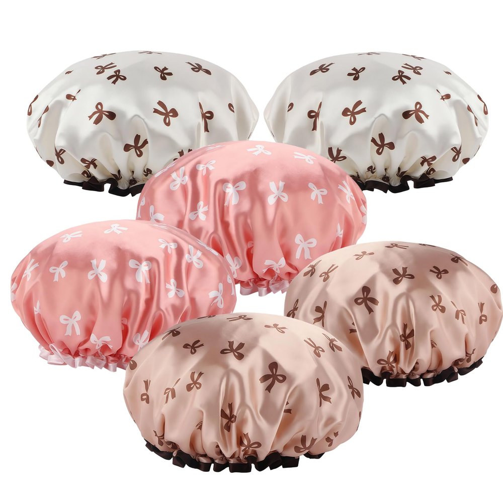 6PCS Shower Cap,Double Waterproof Shower Caps,Reusable Hair Cap for Shower,Bath Bonnet for Women Men,Long & Short Hair(Rose Gold,Pink,White)