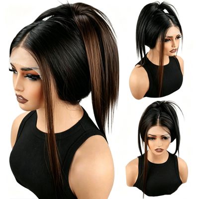 Synthetic 13x6 Lace Front Straight Brown Skunk Stripe Wig For Women 30 Inch