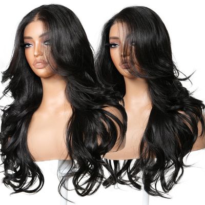BrownBomb Body Wave Black Wig with Bangs Synthetic 13x6 Frontal Pre Cut Lace Glueless Layered Wig Wear and Go Feather Wave Curtain Bang Pre Plucked 26 Inch