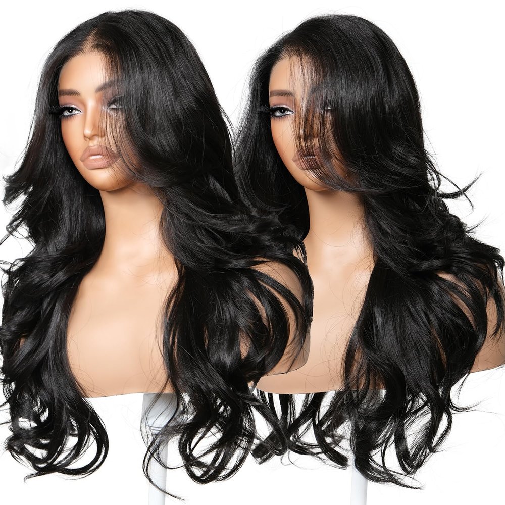 BrownBomb Body Wave Black Wig with Bangs Synthetic 13x6 Frontal Pre Cut Lace Glueless Layered Wig Wear and Go Feather Wave Curtain Bang Pre Plucked 26 Inch