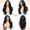 BrownBomb Body Wave Black Wig with Bangs Synthetic 13x6 Frontal Pre Cut Lace Glueless Layered Wig Wear and Go Feather Wave Curtain Bang Pre Plucked 26 Inch view 3