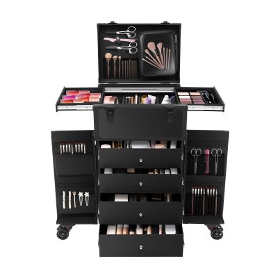 Makeup Train Case with Drawer, Stagiant Rolling Makeup Case with Wheels, Profesional Nail Trolley Cart Salon Station Rolling Makeup Train Case Cosmetology Case Organizer Cases for Artist Teach Trunk