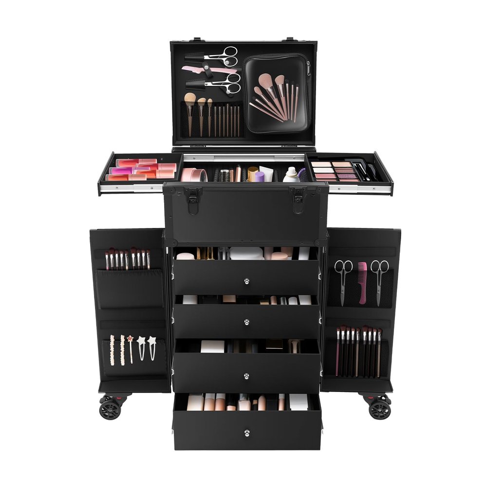 Makeup Train Case with Drawer, Stagiant Rolling Makeup Case with Wheels, Profesional Nail Trolley Cart Salon Station Rolling Makeup Train Case Cosmetology Case Organizer Cases for Artist Teach Trunk