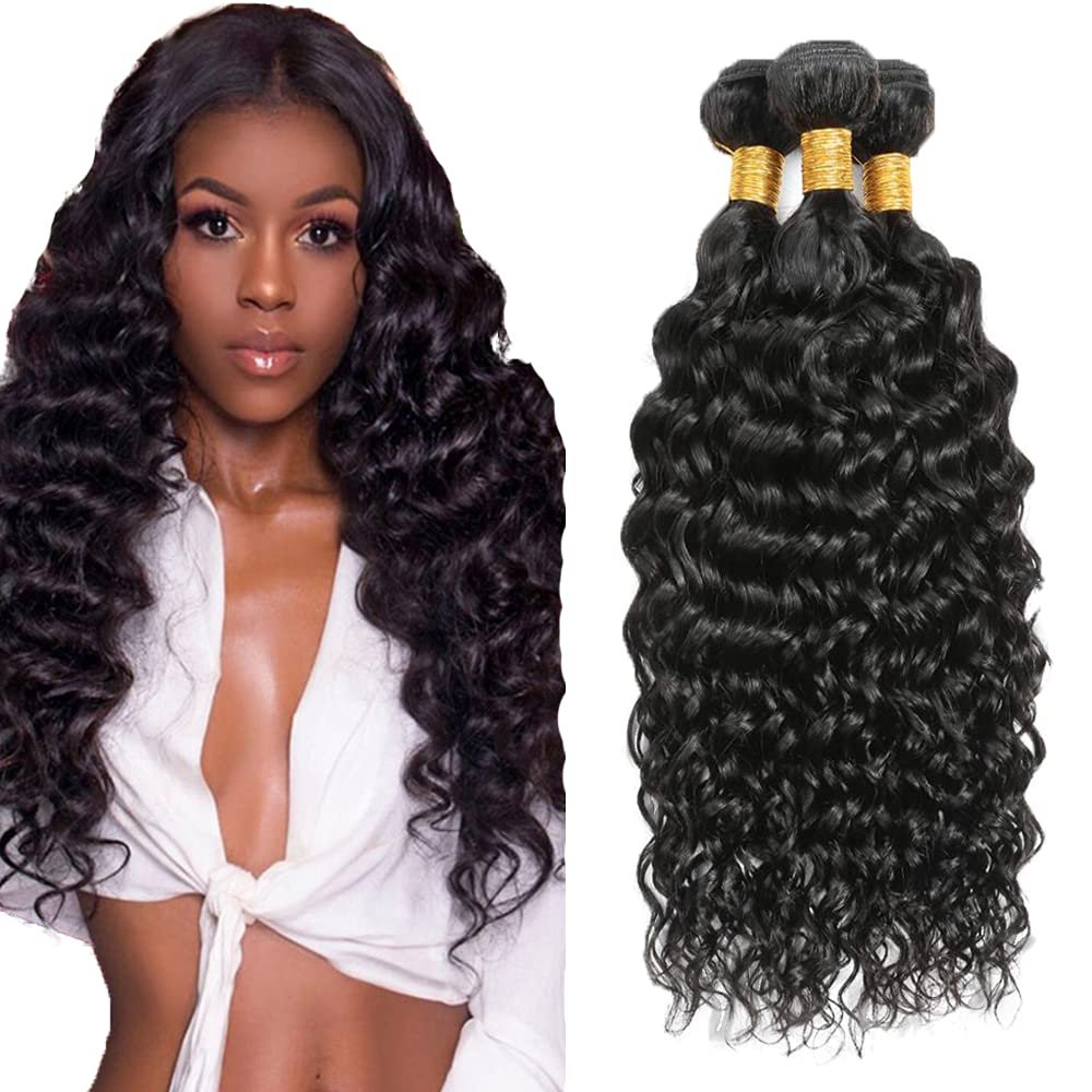 #1B Black Bundles Human Hair Water Wave Bundles 30 32 34 Inch Natural Black Water Wave Bundle Human Hair Extensions Unprocessed Virgin Remy Hair 3 Bundle 50 Gram Per Bundle For Women