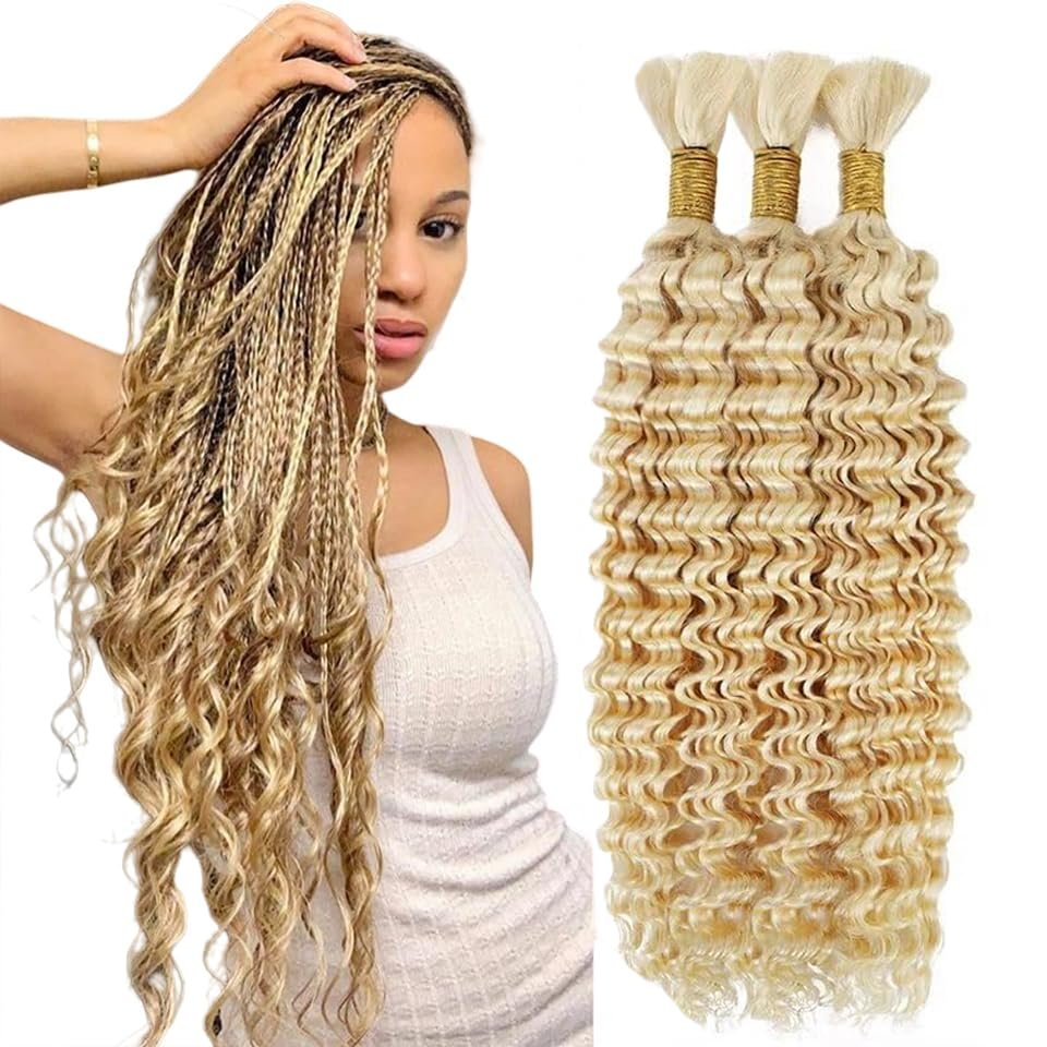#613 Human Braiding Hair Blonde Deep Wave Braiding Hair 12 12 12 Inch Unprocessed Virgin Hair 613 Blonde Boho Human Hair for Braiding 3 Bundle 150g