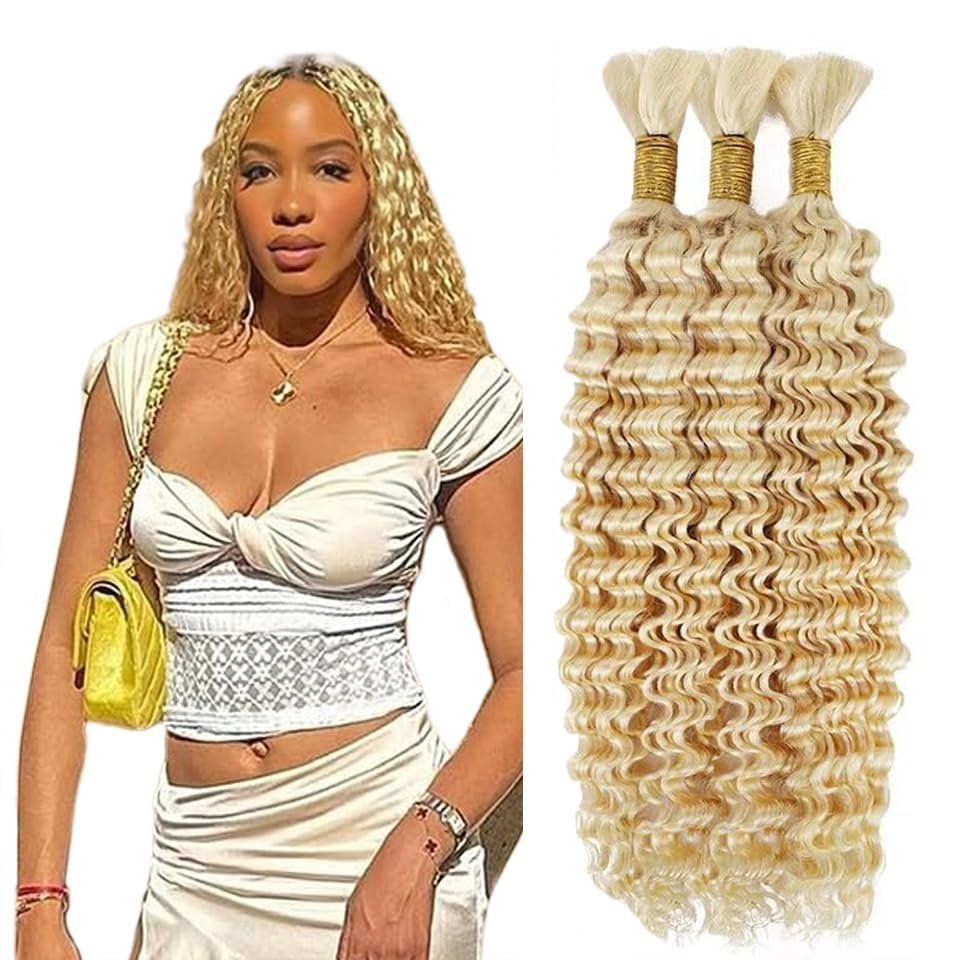 #613 Human Braiding Hair Blonde Deep Wave Braiding Hair 24 24 24 Inch Unprocessed Virgin Hair 613 Blonde Boho Human Hair for Braiding 3 Bundle 150g