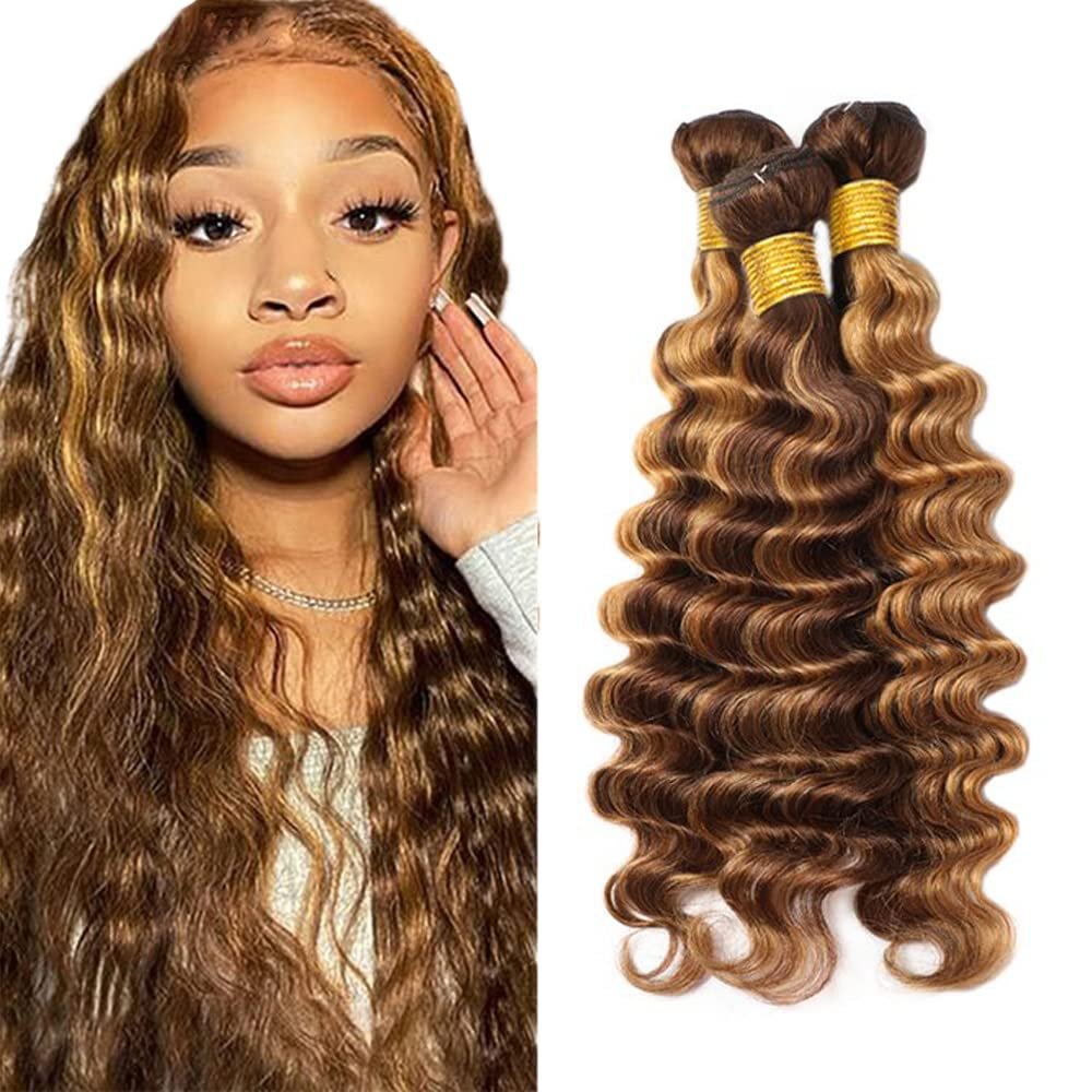 P4/27 Human Hair Bundles Highlight Blonde Deep Wave Bundles 14 14 14 Inch Unproceesed Virgin Brown Deep Wave Human Hair Extensions 50 Gram 3 Bundle
