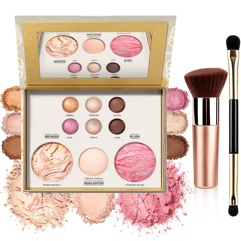 All in One Baked Makeup Face Palette, Neutral Eyeshadow Palette, Includes Blush, Bronzer Powder, Highlighter Makeup, Eye Shadow for Older Women, Shimmer & Matte, Buildable Pigmented, Travel Makeup Kit