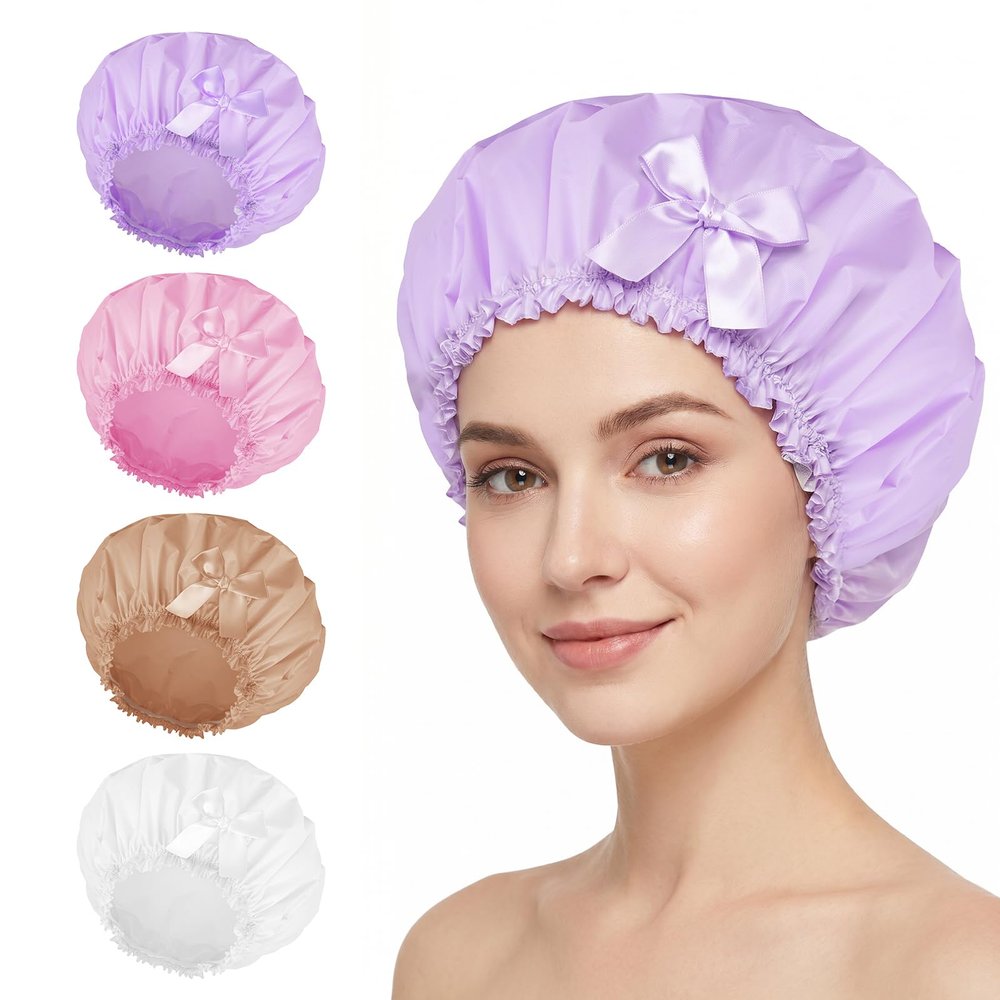 Shower Cap for Women, 4 PCS Large Shower Cap Reusable Waterproof, PEVA Bath Cap Hair Caps for Women Men Girls - White+Pink+Purple+Light Coffee