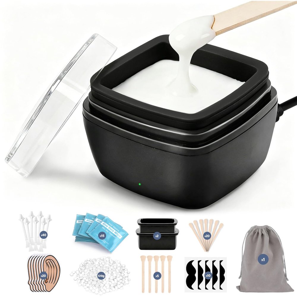 Nose Wax Kit Men, Nose Ear Hair Waxing Kit 120g Wax, 65 Sticks, 2 Silicone Pots, Nose Ear Hair Removal Kit, USB Fast Heat, Smart Constant Temp, Multi-Accessories, Black