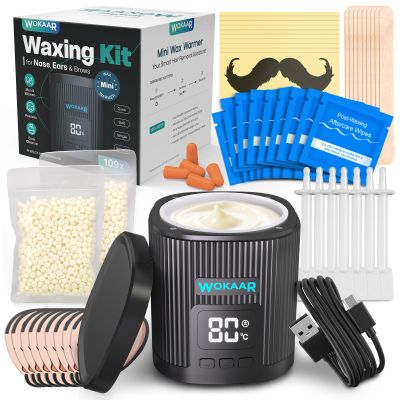Wokaar Nose Wax Kit for Eyebrow and Ear Hair | 100gWax, 50 Face Waxing Sticks | USB-C(5V/2A) Wax Warmer | Hair Removal Kit for Men & Women | 15 Pre/Post Wipes, Ear and Mustache Guards & Earplug