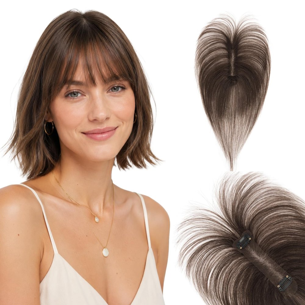 SEGO Pro 10 Inches Human Hair Topper with Mild Thinning, Long Narrow Breathable Lace Base Hair Topper with Hand-Tied, 1.18"x5.12" for Part Line Coverage, #2 Dark Brown, Air Bangs