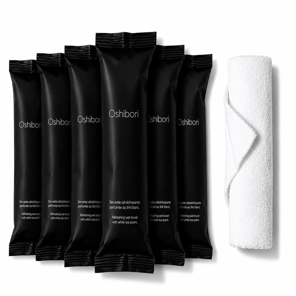 Oshibori Concept Oshibori Towels Refreshing Wet Towels (6 Pack) - Individually Wrapped 100% Biodegradable Cotton Hand & Face Cloths White Tea Scented Single Use Moist Towelettes