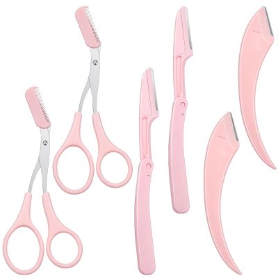 6 PCS Pink Eyebrow Scissors Set with Comb, 3 Styles for Women, Eyebrow Trimming and Shaping Tools
