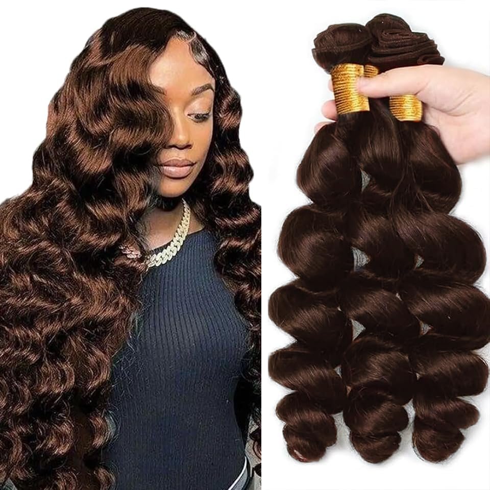 #4 Brown Bundles Human Hair Loose Deep Wave Bundles Human Hair 28 30 32 Inch FuivJuix Unprocessed Brazilian Virgin Hair Dark Brown Loose Wave Human Hair Bundle Hair Extensions 3 Bundle 150 Gram