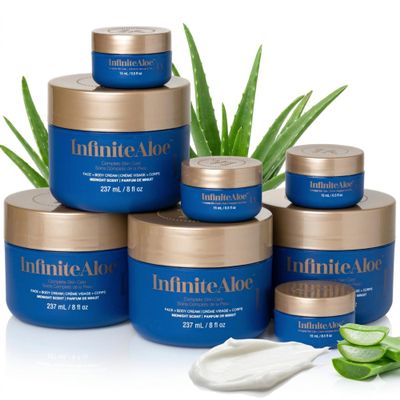 InfiniteAloe Complete Skin Care, Aloe Vera Powered Face and Body Cream for All Skin Types, Midnight Scent (4 Large Jar 8 oz & 4 Travel Jar 0.5 oz)
