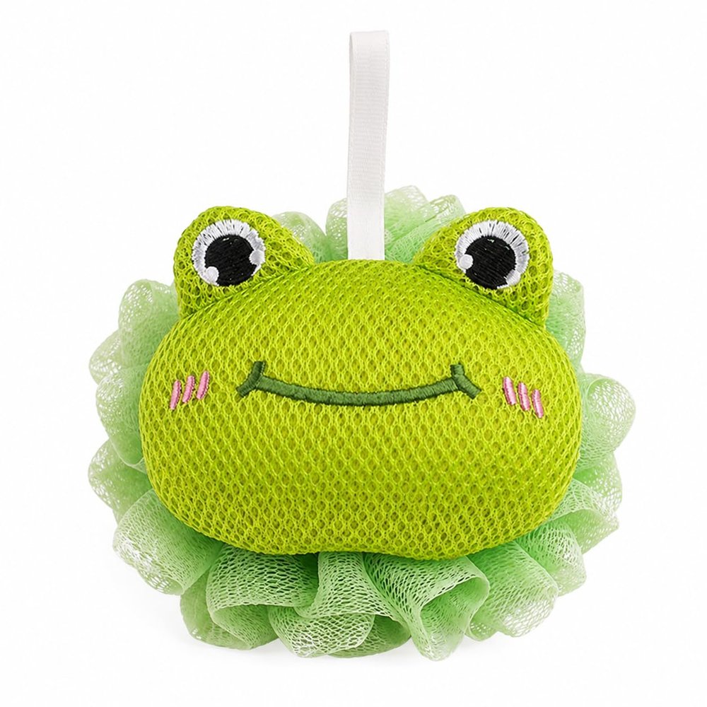 Cute Turtle Bath Pouf, PE Mesh Shower Loofah Sponge with Hanging Loop, Soft Lather Body Scrubber for Bath, Shower, Bathroom Use, 1 Pack (Little Frog)