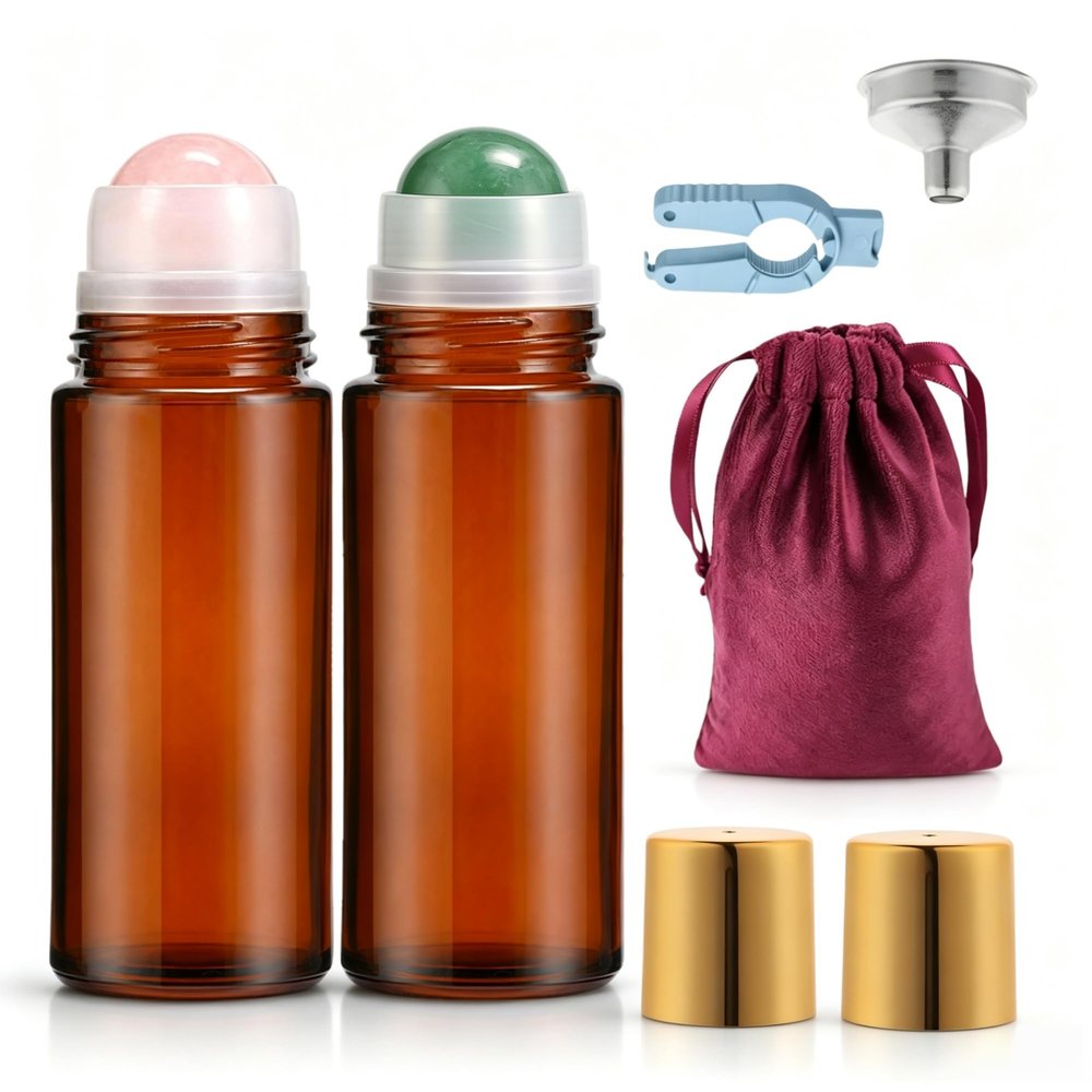Roller Ball Applicator,Rose Quartz Roller Bottle,50ml Refillable Amber Glass Roll On Bottles with Natural Crystal Roller Balls,Leak-Proof Travel Perfume Bottle with Gold Caps (Pink+Green)
