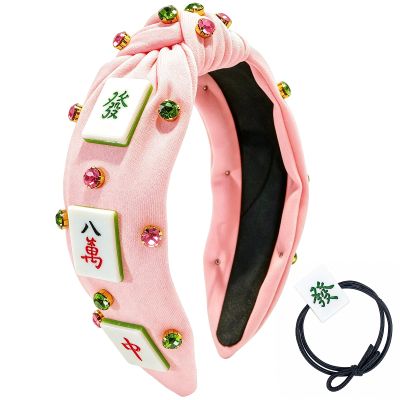 Mahjong Knotted Headband & Hair Ties Set - Sparkling Mahjong & Rhinestone Decorations, Non-Slip Comfort Fit, Funny Perfect for Parties/Travel/Daily Use - Gift for Mahjong Lovers