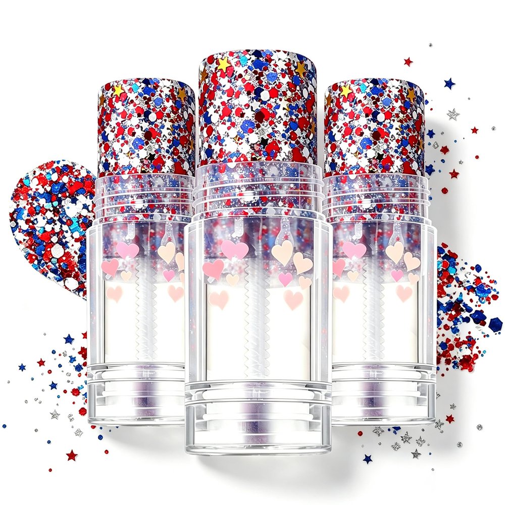 Red White and Blue Body and Hair Sparkle, 2026 New Patriotic Body Glitter Stick for Face and Hair, Sparkling Makeup Accessories for Independence Day Fourth of July Outfits