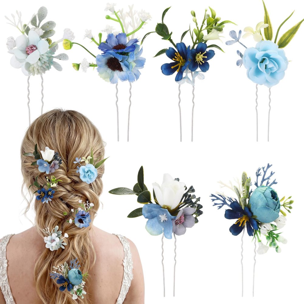Thiccywoov 6 Pcs Flower Hair Clips, Natural Blue Boho Bridal