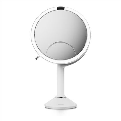 simplehuman Sensor Mirror Trio, 1X 5X 10X Magnification, Round Rechargeable Beauty Makeup Mirror, Tru-Lux Full-Spectrum Light, Dual Light Settings, Adjustable Brightness, White Steel
