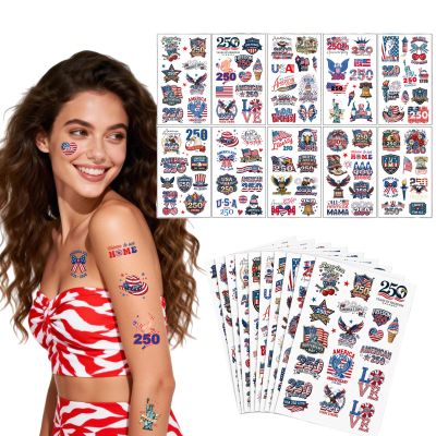 100Pcs 4th of July Tattoos,Fourth of July Tattoos for Kids,USA 250th Anniversary Stickers,Patriotic Temporary Stickers,Red White and Blue Accessories Tattoos for Independence Day(10Sheet-2.68x4.72in)