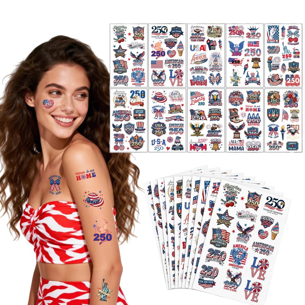 100Pcs 4th of July Tattoos,Fourth of July Tattoos for Kids,USA 250th Anniversary Stickers,Patriotic Temporary Stickers,Red White and Blue Accessories Tattoos for Independence Day(10Sheet-2.68x4.72in)