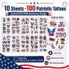 100Pcs 4th of July Tattoos,Fourth of July Tattoos for Kids,USA 250th Anniversary Stickers,Patriotic Temporary Stickers,Red White and Blue Accessories Tattoos for Independence Day(10Sheet-2.68x4.72in) view 2