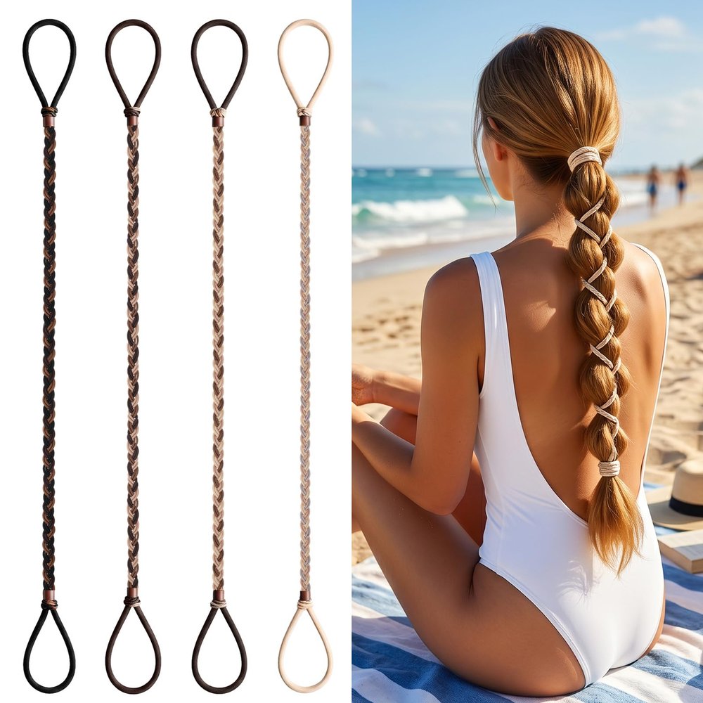 Sorcristy 4 Pcs Sports Hair Ties for Women Girls Fine Thin Thick Curly Hair, Elastic Braided No Damage Ponytail Holder Non-Slip Long Stretchy Holders for Beach Gym Yoga Running Swimming